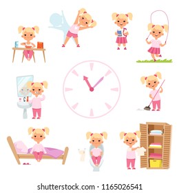 Childrens Daily Routine. Male And Female Kids In Action Poses. Vector Girl Happy Daily Activity, Morning Eat And Reading In School Illustration