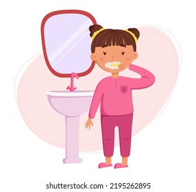 Children's daily routine vector illustration. Cute cheerful girl brushing teeth. Scheduler. Ideal for children's calendars, posters, day planners and diaries.