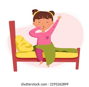 Children's daily routine vector illustration. Cute cheerful girl wakes up morning. Scheduler. Ideal for children's calendars, posters, day planners and diaries.