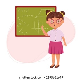 Children's daily routine vector illustration. Cute cheerful girl study in school. Scheduler. Ideal for children's calendars, posters, day planners and diaries.