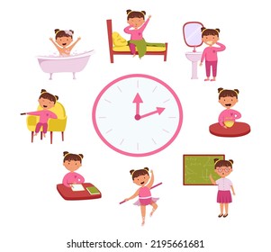 Ilustración diaria de vectores de rutina para niños. Una chica alegre y amable despierta y realiza actividades diarias de rutina. Planificador. Cepillado de dientes, estudio en la escuela, clase de ballet, tarea, descanso, noche