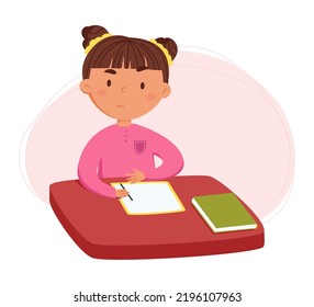 Children's daily routine vector illustration. Cute cheerful girl doing a homework. Scheduler. Ideal for children's calendars, posters, day planners and diaries.