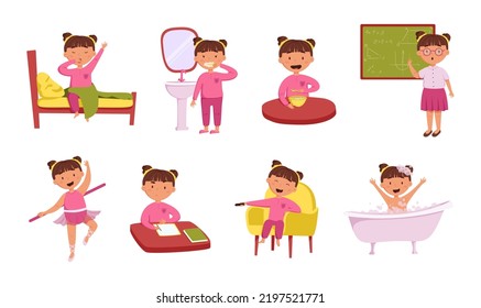 Conjunto diario de vectores de rutina para niños. Ilustraciones de una linda y alegre chica despierta y realiza actividades diarias de rutina. Planificador. Cepillado de dientes, estudio en la escuela, clase de ballet, tarea, descanso