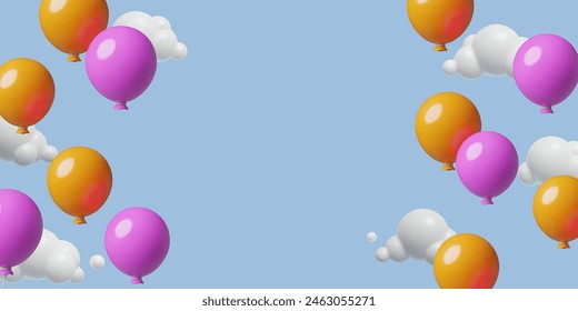 Fondo 3d del día de los niños con globos de colores que vuelan en el cielo con las nubes y el espacio de la copia. Diseño de Anuncio tridimensional de Vector.