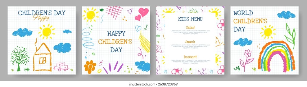 Children's Day Background with Doodle Kids Drawing. World Kids Day Cards with Hand Drawn Illustration. Cute Happy Childhood Concept Design. Funny Hand Drawn Children's Poster with Sun, Cloud, Rainbow.