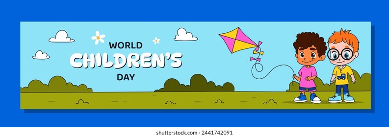 Childrens day banner concept. Two boys at lawn with colorful kite. Kids spending time together outdoors. Graphic element for website. Cartoon flat vector illustration isolated on blue background