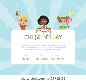 Childrens Day Banner, Flyer or Invitation Card Template with Place for Text Vector Illustration