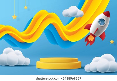 Children's day banner for product demonstration.  Yellow pedestal or podium with rocket on blue background.