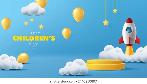 Children's day banner for product demonstration.  Yellow pedestal or podium with rocket and balloons on blue background.