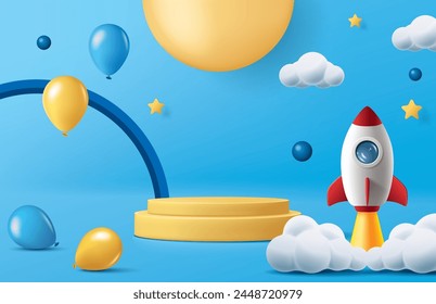 Children's day banner for product demonstration.  Yellow pedestal or podium with rocket and balloons on blue background.