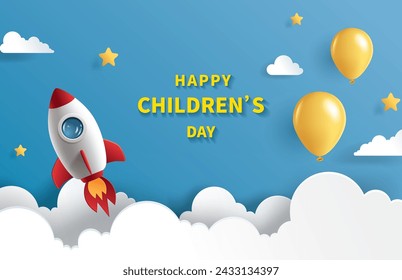 Children's day banner with rocket and balloons on blue background.