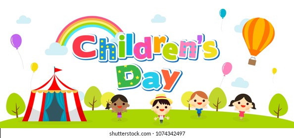 Children's day banner vector illustration. Kids playing at the park.