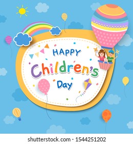 Children's Day with boy and girl on balloon and rainbow on blue sky background.