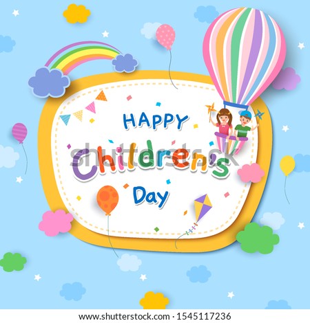 Children's Day with boy and girl on balloon and rainbow on blue sky background.