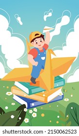 Children's Day boy sitting on a paper plane with books and plants in the background, vector illustration