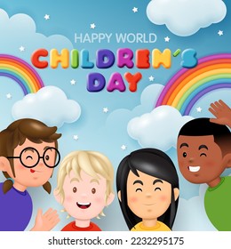 Children's day with boys and girls. Colorful rainbow on blue sky background. Friendship, joy and fun on Children's Day. Design for kids banner, card , party, promotion and social media