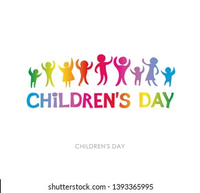 Children's Day. Bright multicolored flat design of social logo. Colorful silhouettes of joyful kids illustration to the International Children's Day. Vector inscription and funny kids.
