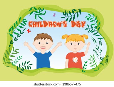 Children's Day. Card with boy, girl and floral frame.