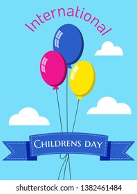 Childrens day card, poster, flyer with balloons and cloud in clear blue sky. 