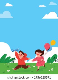 Children's Day celebration concept vector background illustration. Cute children playing with toys and balloons in the park.