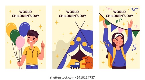 Childrens day celebration posters set. Boy with colorful air balloons and girl with colorful flags. International holiday and festival. Cartoon flat vector collection isolated on white background