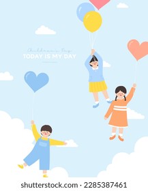 Children's Day.
children flying up with balloons in the sky.