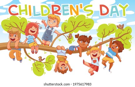 Children's Day. Children hung on a tree branch. Colorful cartoon characters. Funny vector illustration. Ready banner for your design