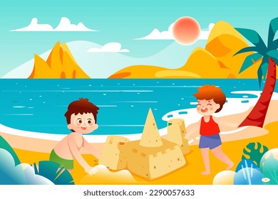 Children's day, children playing by the beach with the sea and plants in the background, vector illustration