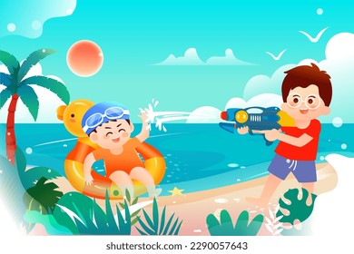 Children's day, children playing by the beach with the sea and plants in the background, vector illustration