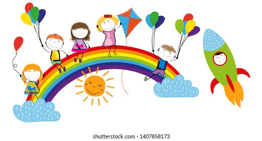 Children's day, colorful rainbow and happy boys and girls.