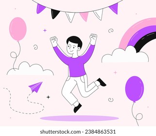 Childrens day concept. Boy jump near colorful balloons and clouds, rainbow. International holiday and festival. Kindness, generosity and caring. Linear flat vector illustration