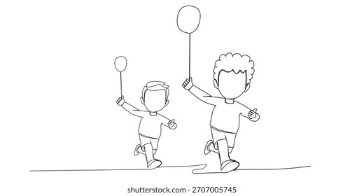 Concepto del día de los niños. Los chicos de dibujo continuo de una línea corren juntos. Ilustración vectorial gráfica de diseño de dibujo de línea única