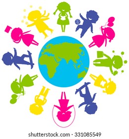 Childrens Day concept. Cute children silhouettes around the World. Earth Planet with colored children silhouettes.