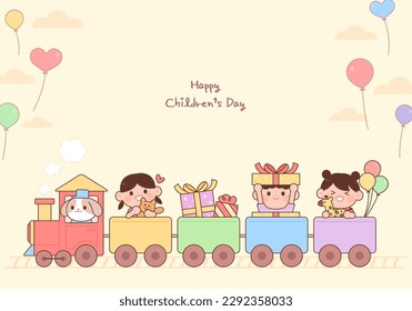 Ilustración vectorial del concepto del Día del Niño. Niños pequeños y educados viajan en tren.