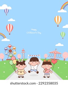 Children's Day concept vector illustration. Cute children are playing in the amusement park.