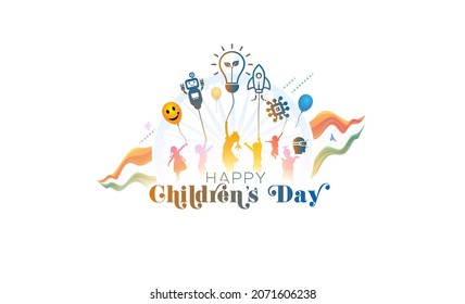 childrens day creative. India world international celebration on 14th november kids with futuristic think thought modern innovation technology and teacher