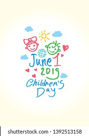 Children's Day. Doodle holiday illustration to the International Children's Day. The logo is drawn by color markers. Children Art style sketch. Vector logo with funny baby faces by June 1, 2019.
