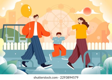 Children's Day, the family goes to the park playground to play together, the background is the rides, vector illustration