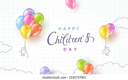 Children's Day with flying colorful 3d balloons on school notebook background. Vector doodle cartoon kids, ballons poster template	
