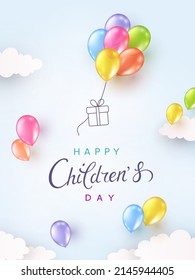 Día del Niño con globos 3d voladores coloridos y caja de regalo sobre fondo azul turbio del cielo. Plantilla de afiche especial para vectores 3d de los globos de colores	