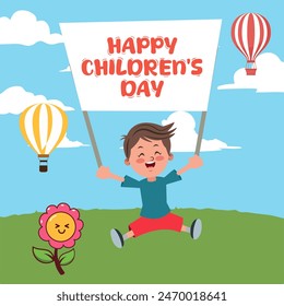 Children's Day with flying colorful 3d paper balloons and airplanes on school notebook background. Vector doodle cartoon kids, planes, ballons poster template