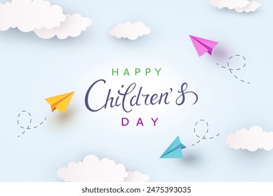 Día de los niños con aviones de papel 3d volando colorido en el cielo nublado de fondo. Vector de dibujos animados de color de los niños, juguetes de origami en la Plantilla de afiche de aire	