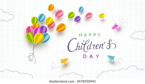 Día de los niños con globos de papel de colores voladores 3d y aviones en el fondo del cuaderno de la escuela. Vector doodle niño de dibujos animados, aviones, globos póster Plantilla