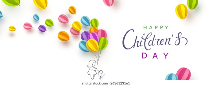 Children's Day with flying colorful 3d paper balloons on white background. Drawing mother and child. Vector doodle cartoon family, ballons poster template