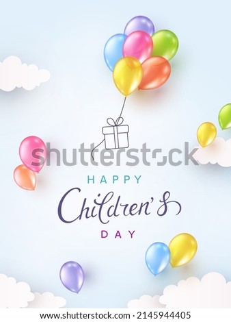 Children's Day with flying colorful 3d balloons bunch and gift box on cloudy blue sky background. Vector 3d colorful ballons special poster template	
