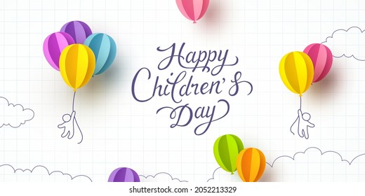 Children's Day with flying colorful paper balloons on school notebook background. Vector doodle cartoon kids and 3d ballons poster