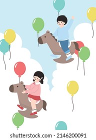 Children's Day.
Illustration of Children Riding Horses in a Balloon-filled Cloud.
