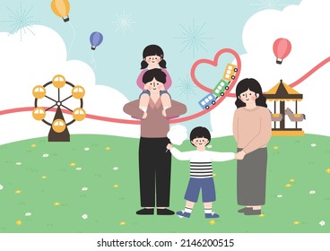 Children's Day. Illustration Of Happy Family Together At Amusement Park