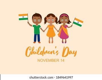 Children's Day in India vector. Indian children with indian flag vector. Cute little boy and girls holding hands vector. Three indian children icon. Children's Day Poster, November 14. Important day