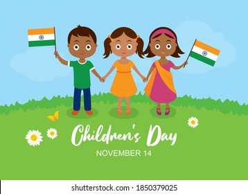 Children's Day in India vector. Indian children with indian flag vector. Cute little boy and girls holding hands vector. Three indian children on a meadow icon. Children's Day Poster, November 14